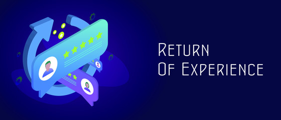 Poster - ROX - Return On Experience isometric concept with which marketers measure the purchase experience of their consumers. Header and footer banner template with text.