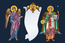 Two Archangels And Holy Spirit. Illustration, Clip Art In Byzantine Style