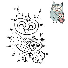 Dot To Dot Game For Children With A Cute Mother Owl And Her Baby