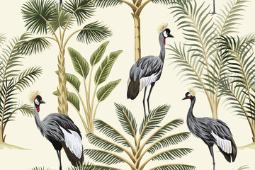 Tropical vintage botanical landscape, palm tree, banana tree, plant, crane bird floral seamless pattern yellow background. Exotic green jungle animal wallpaper.