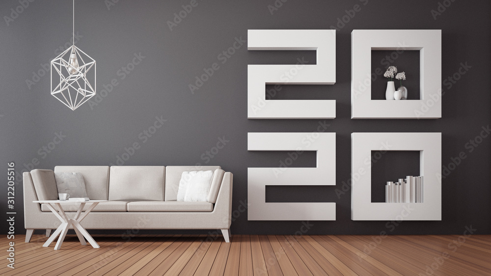 2020 Happy new year Living room interior / 3D rendering interior - obrazy, fototapety, plakaty 