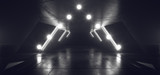 Fototapeta Do przedpokoju - Sci Fi Futuristic Alien Spaceship Tunnel Corridor Underground Hallway Triangle Arc Empty Space Dark Night Concrete Floor Realistic 3D Rendering