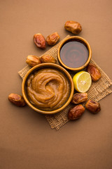 Wall Mural - Dates Face mask for supple, smooth and clear skin with ingradients like fresh raw khajoor, lemon and honey. selective focus