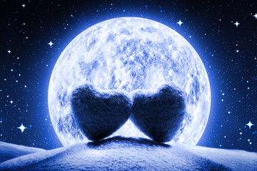 Wall Mural - silhouette of two soft hearts in front of full moon on hill with starry sky background - valentine's