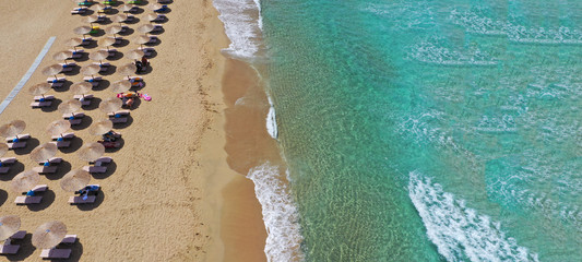 Aerial drone ultra wide photo of beautiful tropical exotic paradise Tahiti island turquoise sandy bay