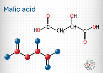 Poster - Malic acid C4H6O5 molecule, is dicarboxylic acid. Structural chemical formula and molecule model. Sheet of paper in a cage