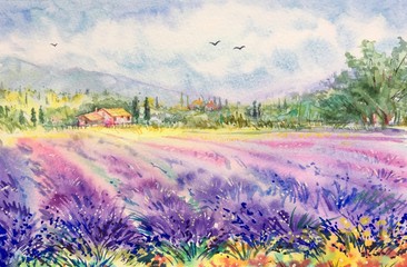 Watercolor lavender fields. Provence, France. Landscape with lavender. Violet, purple, yellow flowers. Horizontal view, copy-space. Template for designs, card, border, posters.