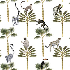  Tropical vintage botanical green palm tree, lemur, monkey, toucan and leopard floral seamless pattern white background. Exotic jungle wallpaper.  G