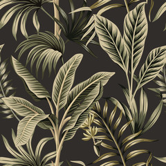 tropical vintage palm trees, banana tree floral seamless pattern dark background. exotic botanical j