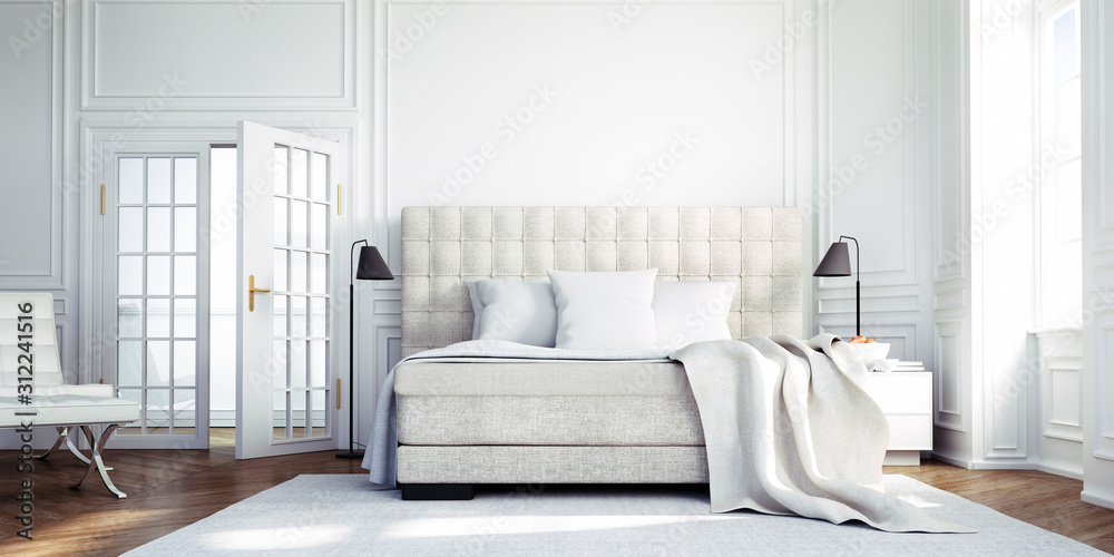 Classic Loft with Bed Classic white Bedroom - 3D illustration - obrazy, fototapety, plakaty 
