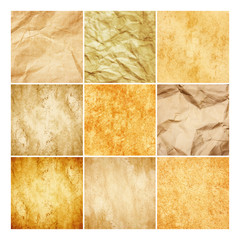 Wall Mural - Set of four different yellow brown stained paper background. Old retro letter texture.