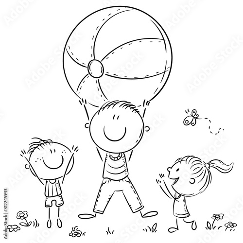 Happy father playing ball with his kids, outline illustration