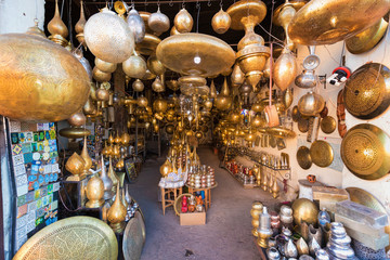 Wall Mural - Moroccan style hanging lamps at the market in medina. Lamps and souvenir shops, Marrakech. Traditional moroccan market, Morocco in Africa. Store in Marrakech or Fes taken in December 2019 Nice gift