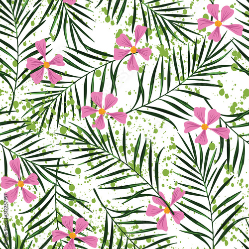 flowers with palm leaves grunge background dotted seamless pattern