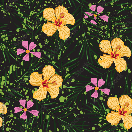 hibiscus flowers with palm leaves grunge background dotted seamless pattern