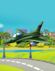 Wall Mural - cartoon scene with military army vehicle jet fighter plane flying near park road - illustration for children