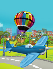 Wall Mural - cartoon scene with police vehicle plane flying near park road and colorful balloon flying over the water - illustration for children