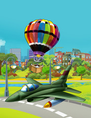 Wall Mural - cartoon scene with military army vehicle jet fighter plane flying near park road and balloon flying over the water - illustration for children