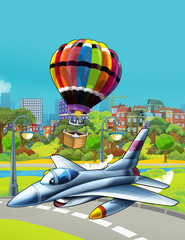 Wall Mural - cartoon scene with military army vehicle jet fighter plane flying near park road and balloon flying over the water - illustration for children