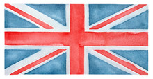 Grungy Watercolor Flag Of The United Kingdom. Hand Painted Water Color Sketchy Drawing On White, Isolated Clip Art Element For Design, Wallpaper, Poster, Print, Postcard, Souvenir Product Decoration.