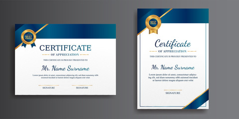 Wall Mural - Premium gold and blue certificate of achievement template, clean modern design with gold badge