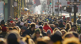 Crowd of people walking busy New York City street backlit