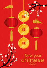 Wall Mural - happy new year chinese 2020 with lanterns hanging vector illustration design