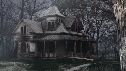 Wall Mural - wooden swing in front of abandoned house 4k loop features an old wooden swing going back and forth i