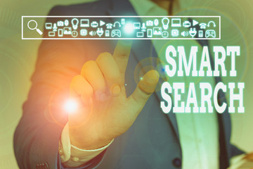 Poster - Handwriting text Smart Search. Conceptual photo tool used in recording software for searching based on motion Male human wear formal work suit presenting presentation using smart device