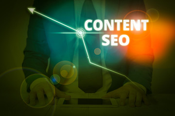 Poster - Writing note showing Content Seo. Business concept for creating webpage content to rank high in the search engines