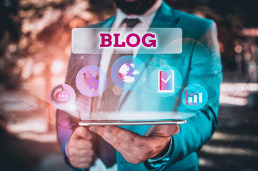 Poster - Writing note showing Blogquestion. Business concept for regularly updated website web page run by individual Male human wear formal suit presenting using smart device