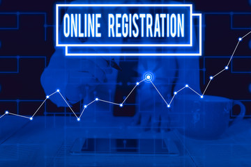 Leinwandbilder - Writing note showing Online Registration. Business concept for System for subscribing or registering via the Internet Woman wear formal work suit present using smart latest device