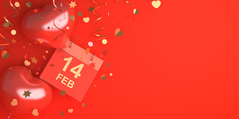 Wall Mural - Happy Valentines Day, Greeting card, Calendar February 14 date, Heart shape balloon, gold confetti on red background, flat lay, banner, top view,  copy space text area. 3D rendering illustration.