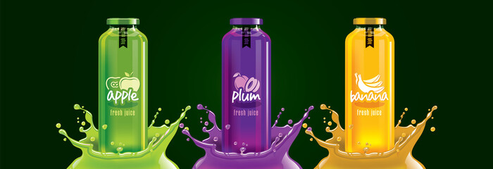 Fruit juice splash bottle set, apple, plum, banana sticker design.