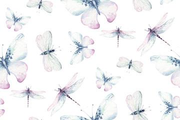 Watercolor colorful butterflies, butterfly, bugs seamless pattern on white background. blue, yellow, pink and red butterfly spring illustration.