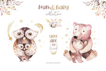 Watercolor Little Owl And Bear Baby And Mother Watercolour Cartoon Baby Nursery. Forest Funny Young Animals Illustration. Mom And Baby Decor
