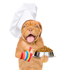 Poster - Funny puppy wearing a chef's hat holds bowl of dry pet food and shows thumbs up. isolated on white background
