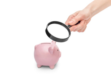 Wall Mural - Hand with magnifying glass examining piggy bank on white background. Researching savings.