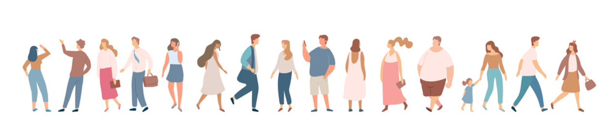 People crowd. Background people vector horizontal banner. Men and women, parents, kids walking outdoor.