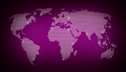 Poster - Dotted world map with some highlighted cities on blurred dark purple background. High resolution abstract illustration.