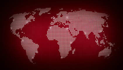 Poster - Dotted world map with some highlighted cities on blurred dark red background. High resolution abstract illustration.