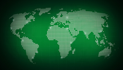 Poster - Dotted world map with some highlighted cities on blurred dark green background. High resolution abstract illustration.