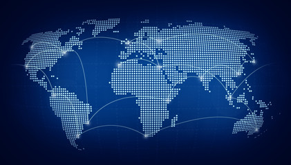 Poster - Dotted world map with curving lines or flight paths connecting highlighted cities. Blurred dark blue background. High resolution concept photo of global communications, traveling and globalisation.
