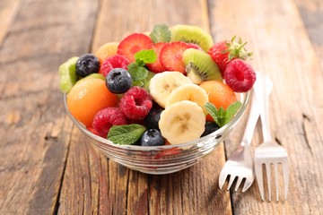 Poster - fresh fruit salad with banana, melon and berry