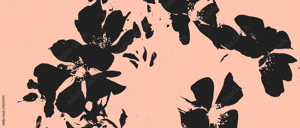 Retro vintage illustration in asian style black flowers on pink background floral natural pattern - obrazy, fototapety, plakaty 