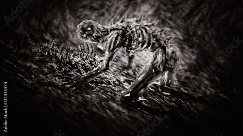 Fotografía Scary zombie stands on all fours and chews on his victim.