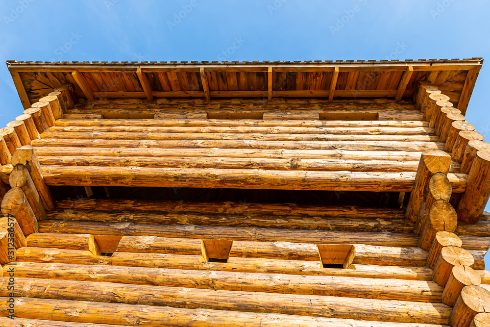 fort wooden high log wall old windows background sky tradition europe ...
