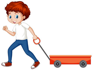 Sticker - Boy pulling wagon cart on white background