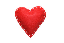 Red Felt Heart With White Stitches. A Symbol Of Love Handmade Sewn With Thread Around The Edge On A White Background.