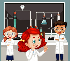 Wall Mural - Classroom scene with three science students doing lab